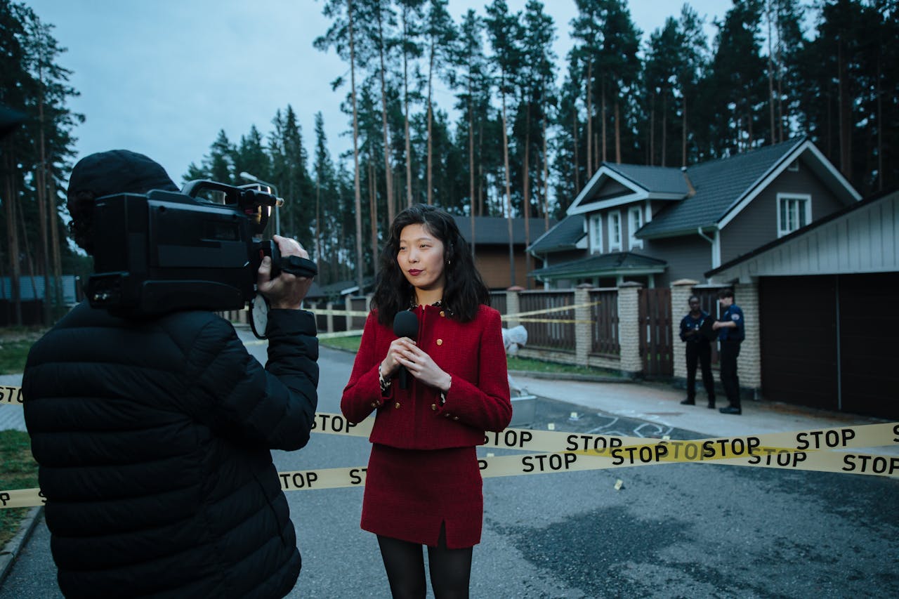 our-story-01 Journalist reporting live from a taped crime scene with cameraman and police.