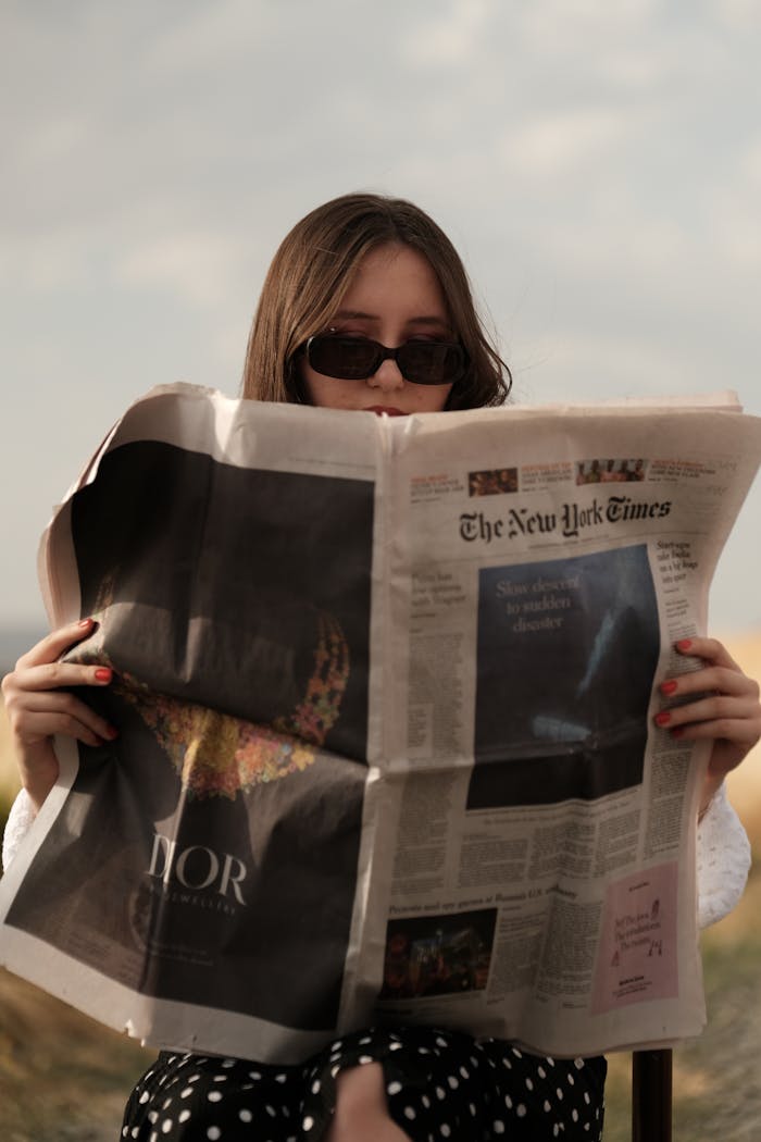 A woman outdoors reading The New York Times wearing sunglasses, with a stylish vibe.