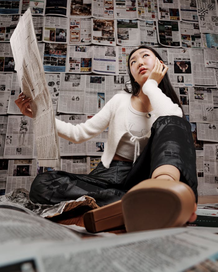 Home Young woman sitting and thoughtfully reading a newspaper indoors, surrounded by news articles.